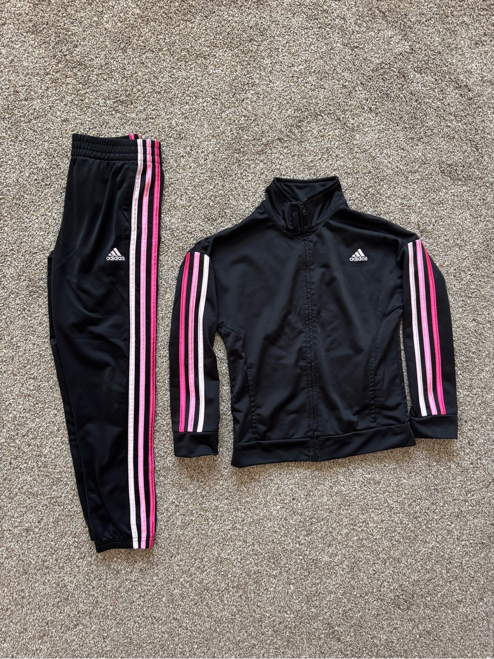 Adidas Girls Black 2pc Tracksuit with Pink Ombré Stripes - Size S 7/8